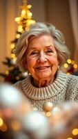 mujer sonrisas radiantemente antes de un Navidad árbol foto