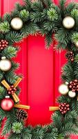 red background framed with pine boughs festive decorations photo