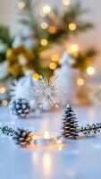 silver snowflake ornament on a white surface with warm lights photo