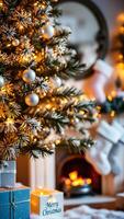 decorado artificial Navidad árbol con plata adornos centelleo luces foto