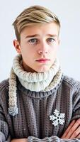 young man wearing a knitted sweater with a snowflake design photo