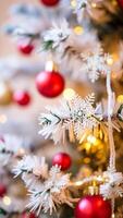 feathery tree branch adorned with a silver snowflake red baubles photo