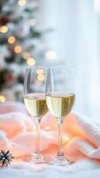 dos vino lentes con calentar luces en un festivo superficie foto