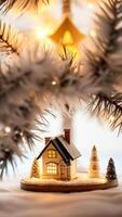 miniatura invierno casa con Nevado techo iluminado ventanas foto