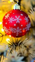 red glass bauble with snowflake details hanging from a decorative tree photo