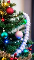 decorado hojas perennes árbol brilla con alegre luces foto