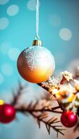 silver bauble with snowflake design hangs on a festive branch photo