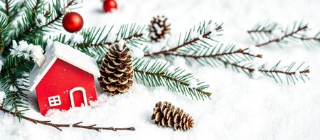miniature red house nestled a snowy winter scene photo