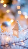 white ceramic house adorned with snowflakes nestles amidst twinkling lights photo