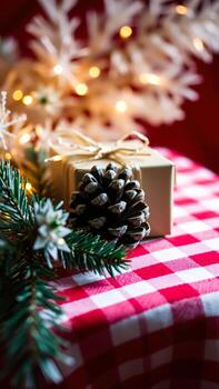envuelto regalo caja con un pino cono en un a cuadros superficie foto