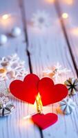 illuminated red hearts on white wood photo