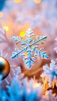 silver snowflake ornament hanging against a blurry background photo