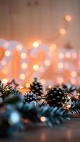 rustic table setting with pine boughs warm lights photo