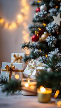 blanco regalo cajas un brillante vela debajo un pino árbol rama foto