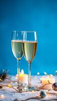 dos lentes espumoso vino en un festivo mesa foto