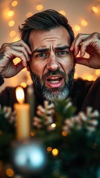 man with a distressed expression looks directly at the viewer photo