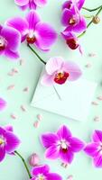pink orchids a white envelope on a soft green background photo