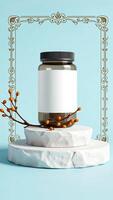 glass container with a white label on a textured platform photo