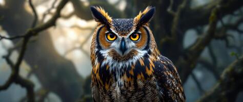 brown white black owl with bright yellow eyes stares directly into the camera photo