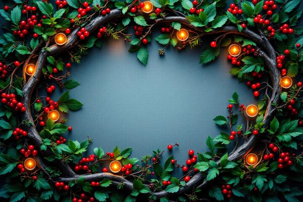 circular arrangement green leaves red berries lit candles