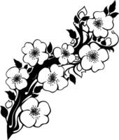 A black and white drawing of a branch with flowers vector