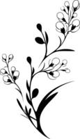 A black and white drawing of a branch with flowers vector