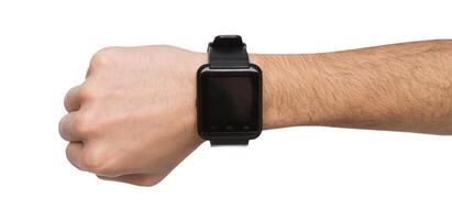 Isolated male hand with smart watch with blank screen, white background cutout. Smartwatch - modern digital gadget with empty display, copy space photo