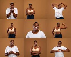 Obese black woman expresses a range of emotions and poses, demonstrating joy, confidence, and playfulness. The warm backdrop complements her vibrant energy and diverse expressions. photo