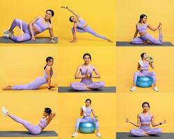 African American woman performs a series of exercises including stretching and balance routines, showcasing her fitness skills against a vibrant yellow backdrop, emphasizing health and well-being. photo