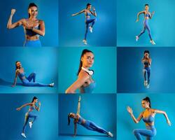 A fitness enthusiast demonstrates different exercises like running, stretching, and strength training against a vibrant blue background. photo