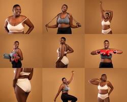 African American obese woman expresses her fitness journey through various poses, highlighting her strength and confidence in a warm-toned indoor setting. Each pose reflects joy and empowerment. photo