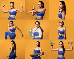 A young woman showcases her fitness routine in a series of poses, demonstrating strength exercises and stretching against a bright yellow background, emphasizing her dedication to health. photo