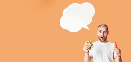 Thinking bubble. Millennial man rejection of junk food, free space photo