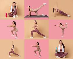 A woman engages in different exercises, showcasing her workout routine across two vibrant backgrounds. Her movements highlight strength, flexibility, and dedication to fitness. photo