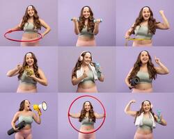 A cheerful overweight woman showcases different fitness activities, including hula hooping and using weights, all while dressed in casual workout attire against a vibrant backdrop. photo
