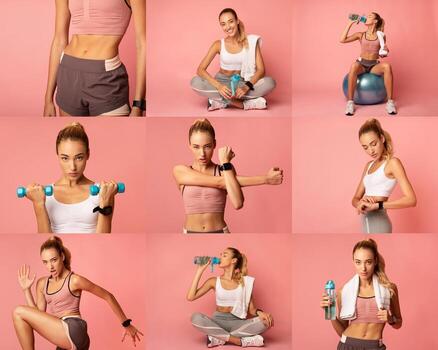un joven mujer vitrinas varios aptitud ocupaciones en contra un rosado fondo, utilizando pesos y un agua botella, encarnando un entusiasta y sano estilo de vida en un rutina de ejercicio sesión. foto