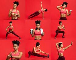 This energetic black lady showcases a variety of fitness activities, including stretching, pushing exercises, and using workout gear, highlighting an inspiring commitment to health and wellness. photo