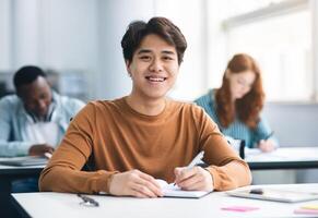 Modern Education Concept. Portrait of smiling asian male student sitting at desk in classroom at university, taking test or writing notes in his notebook, looking posing at camera, selective focus photo