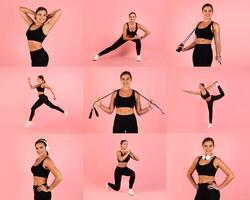 A fit woman engages in various workout poses, showcasing exercises like lunges and jumps. The vibrant pink background adds energy to her dynamic fitness routine. photo