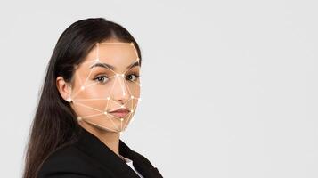 A woman stands confidently in a studio, with facial recognition technology overlays highlighting her features. The modern background enhances the focus on her expression and the technology used. photo