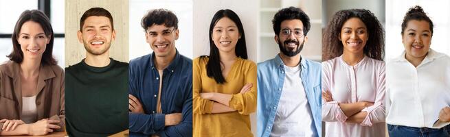 A group of seven young professionals of various backgrounds stand together in a contemporary office setting, showcasing their friendly expressions and readiness for collaboration. photo