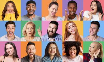 Young diverse people grimacing and gesturing at colorful backgrounds. People's emotionc and gestures concept photo