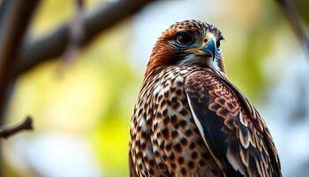 A hawk is perched on a branch with a blurry background photo