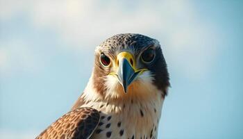A close up of a bird of prey with a blue sky background photo