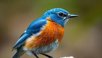 A blue and orange bird is perched on a branch photo