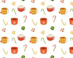 Seamless pattern with cupcakes, candy caneshmallows and lollipops. Flat illustration. vector