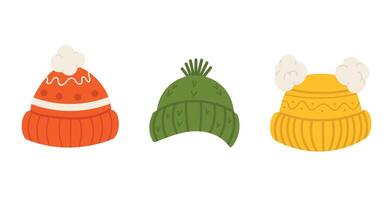 Set of Wool hats with pompom. Cute winter cap collection in flat style isolated on white background. vector