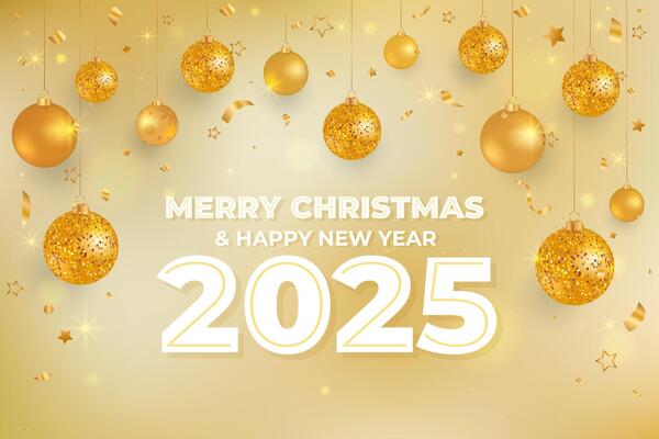 Christmas gold luxury background with festive golden Christmas balls, confetti and glittering lights. Realistic Christmas background