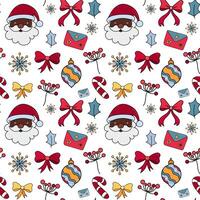 Cute Christmas Pattern with Black Santa Head and Decorative elements. Hand draw Christmas Seamless pattern for fabric, wrapping paper, textile, greeting cards. vector