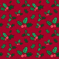 Holly Christmas Pattern. Christmas Seamless Pattern with Holly Leaf and Berries on Red Background. Winter holidays seamless pattern for postcards, banners, wrapping paper, festive print vector